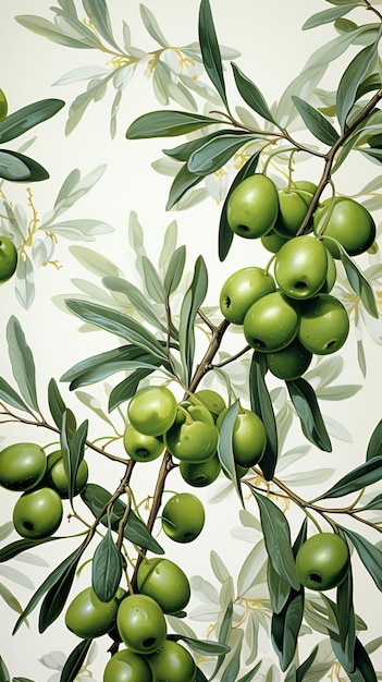 Seamless Olive Background Watercolor Leaves and Fruits