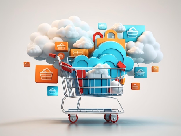 Seamless online shopping 3d shopping cart with cloud design 1