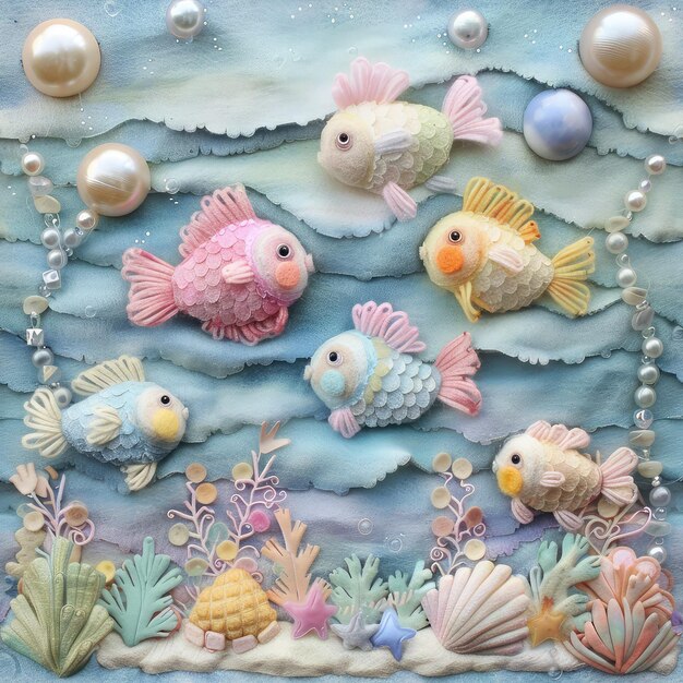 Seamless pattern 3d cute felted fished at the sea