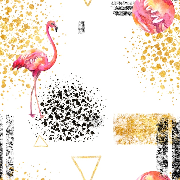 Seamless pattern abstract geometric pattern on white in scandinavian style with Flamingo.