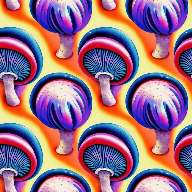 A seamless pattern of abstract psychedelic mushrooms painted with watercolor 3D illustration