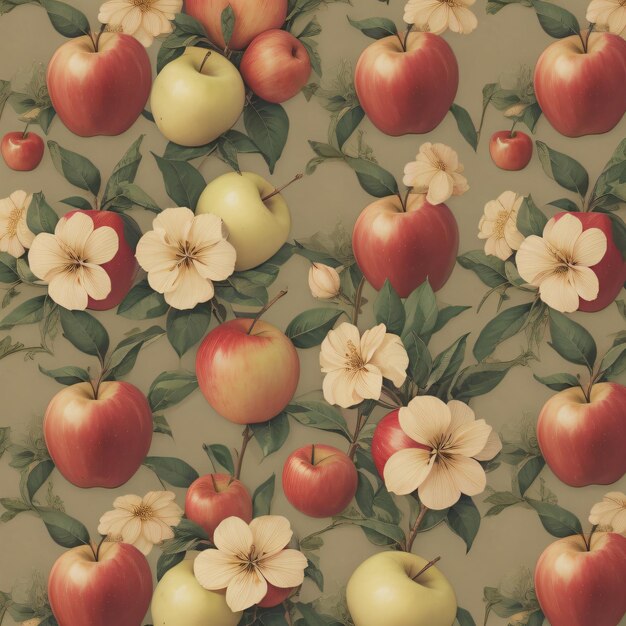 seamless pattern of apples leaves and flowers