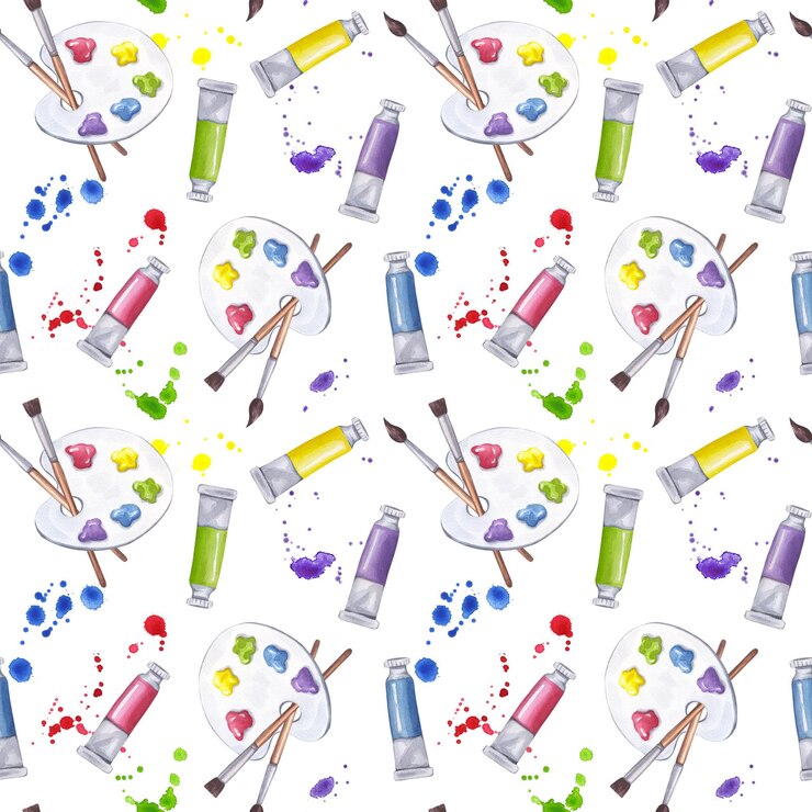 फोटो seamless pattern art supplies colored paint palette paintbrushes tubes cuvettes tempera gouache ink splatters drop spots hand drawn watercolor illustration isolated background for textile print