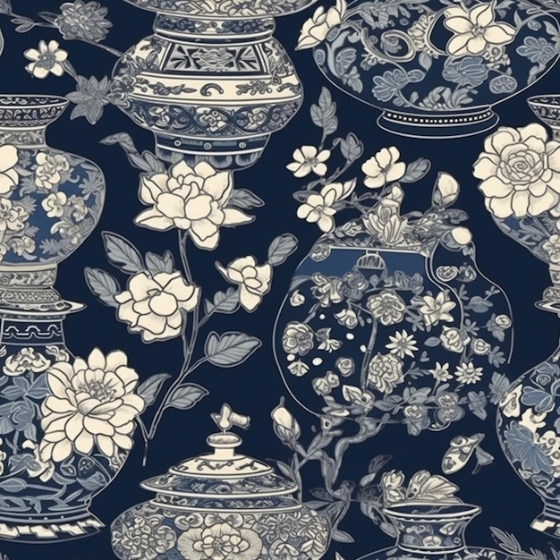 A seamless pattern of asian vases with flowers and leaves.