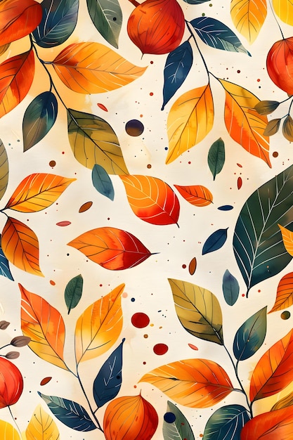 A seamless pattern of autumn leaves and apples on a white background