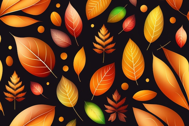 A seamless pattern of autumn leaves on a black background.