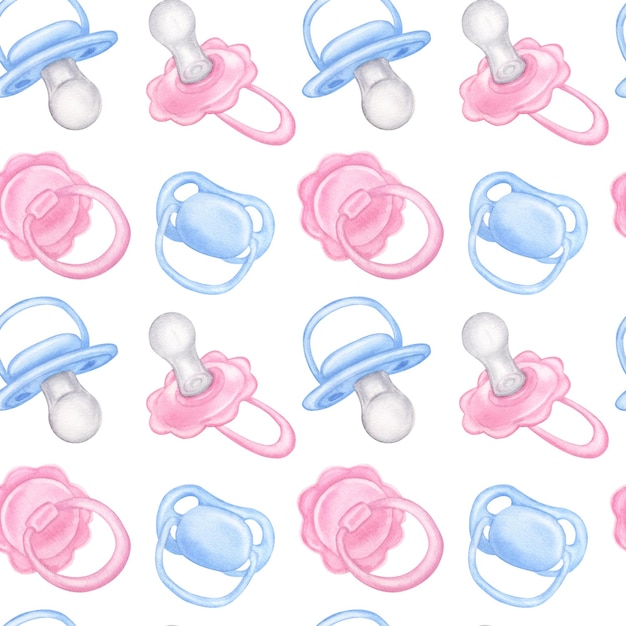 Photo seamless pattern baby pacifier boy girl dummy pink blue hand drawn watercolor illustration isolated on white background collection to newborn baby shower gender reveal party