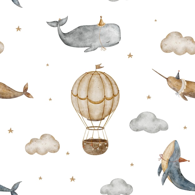 seamless pattern baby vintage whales narwhal sperm whale air balloon clouds watercolor for printing textile fabric