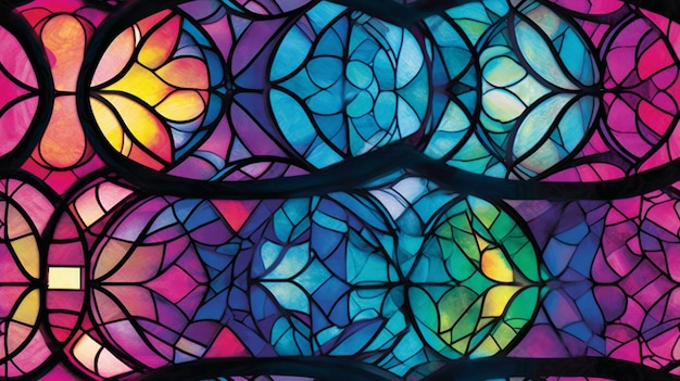 Seamless pattern background of colorful stained glass windows with vibrant color palette