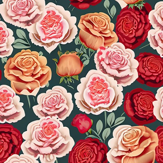 Seamless pattern background featuring a bouquet of elegant and fragrant roses in various colors including classic red romantic pink and delicate peach