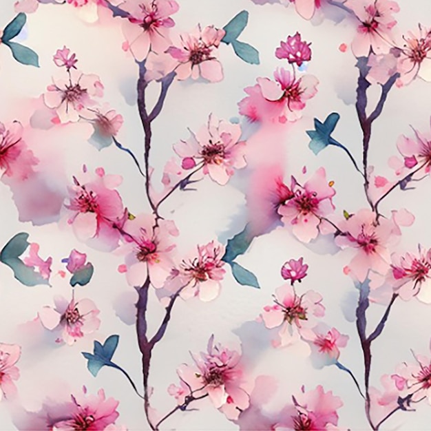 Seamless pattern background featuring a delicate pattern of blooming cherry blossom branches against a serene backdrop of soft watercolor washes