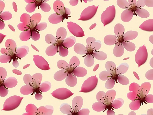 Photo seamless pattern background featuring a delicate pattern of blooming cherry blossom petals gently falling against a soft pastel backdrop