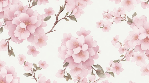 柔らかなパステル調の水彩風に咲く桜の繊細な模様を描いたシームレスパターンの背景