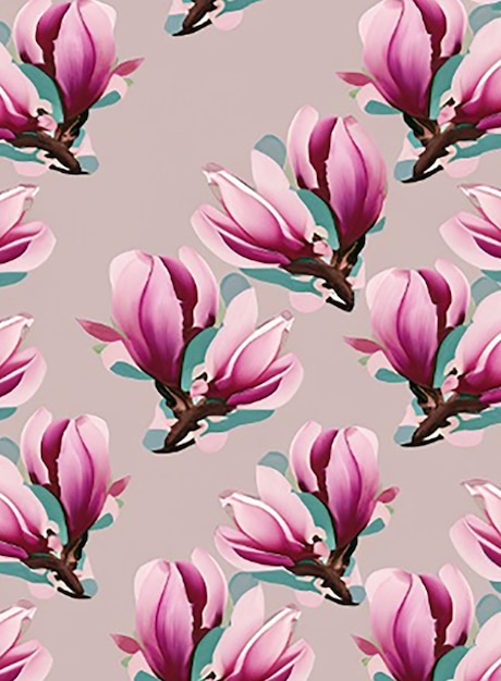 Seamless pattern background featuring a delicate pattern of blooming magnolia flowers in soft pastel shades against a serene backdrop