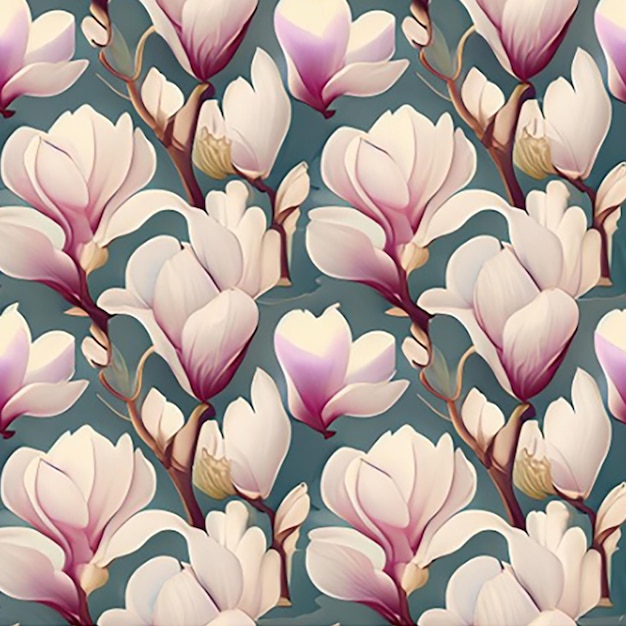 Seamless pattern background featuring a delicate pattern of blooming magnolia flowers in soft pastel shades against a serene backdrop