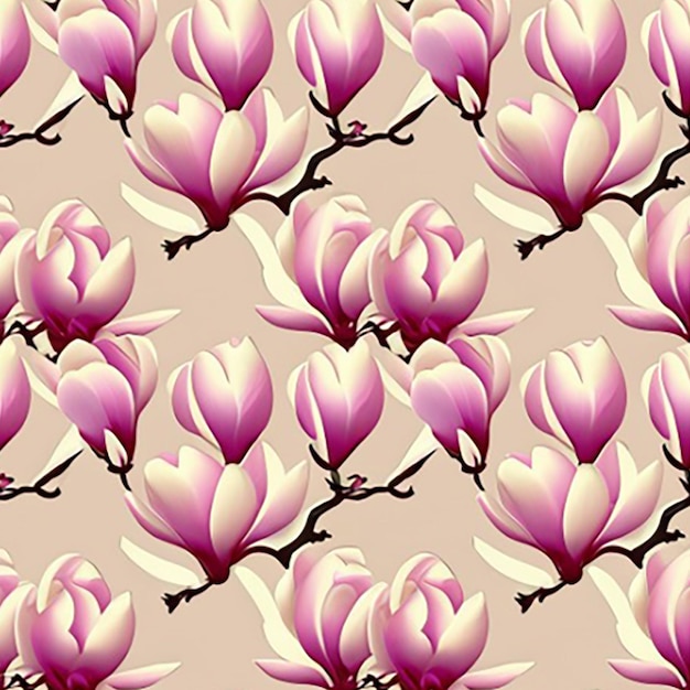 Seamless pattern background featuring a delicate pattern of blooming magnolia flowers in soft pastel shades against a serene backdrop