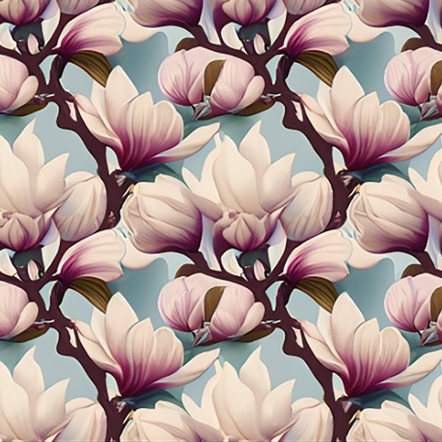 Seamless pattern background featuring a delicate pattern of blooming magnolia flowers in soft pastel shades against a serene backdrop