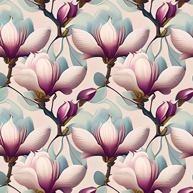 Seamless pattern background featuring a delicate pattern of blooming magnolia flowers in soft pastel shades against a serene backdrop