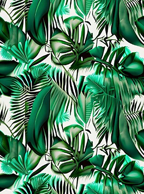 Seamless pattern background featuring a mix of lush green foliage including ferns palm leaves and tropical monstera leaves