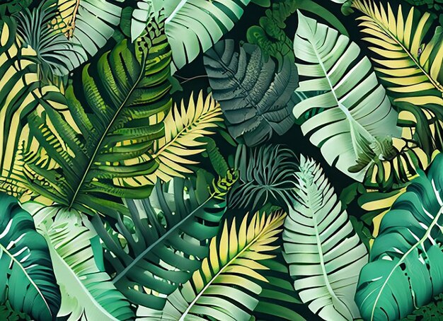 Seamless pattern background featuring a mix of lush green foliage including ferns palm leaves and tropical monstera leaves