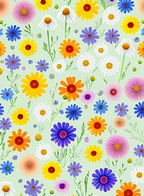 Seamless pattern background featuring a whimsical arrangement of colorful wildflowers such as cosmos cornflowers and chamomile creating a carefree and natural ambiance