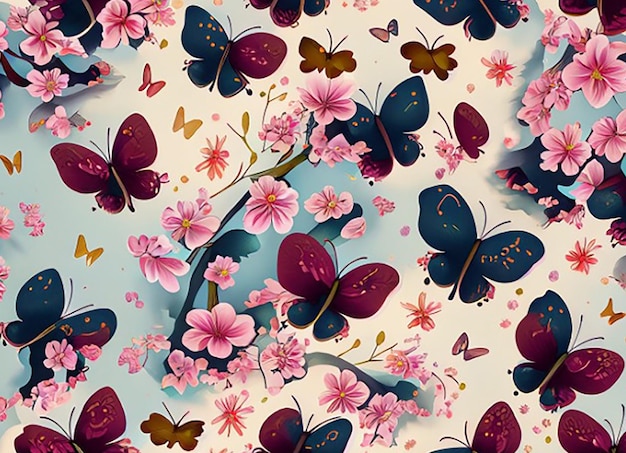 Seamless pattern background incorporating a mix of delicate cherry blossoms and swirling butterflies