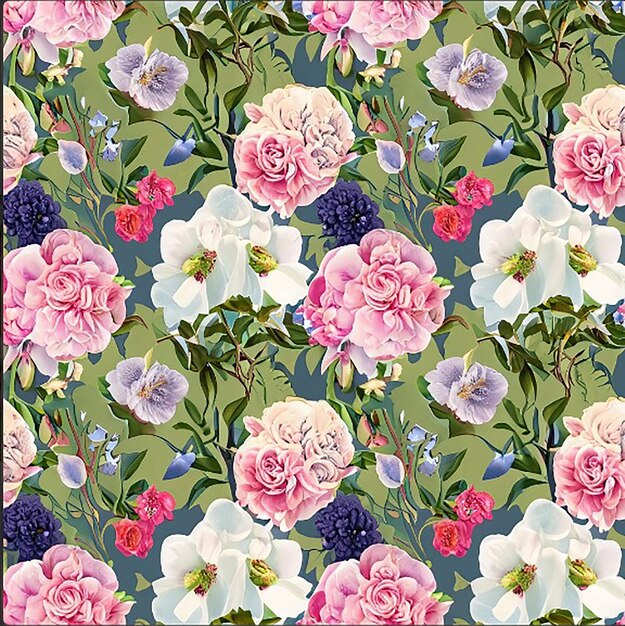 A seamless pattern background inspired by a cottage garden with a charming mix of roses foxgloves and delphiniums in a natural and wild arrangement