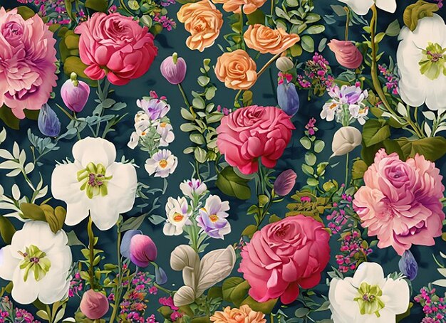 Seamless pattern background inspired by a cottage garden with a charming mix of roses foxgloves and delphiniums in a natural and wild arrangement