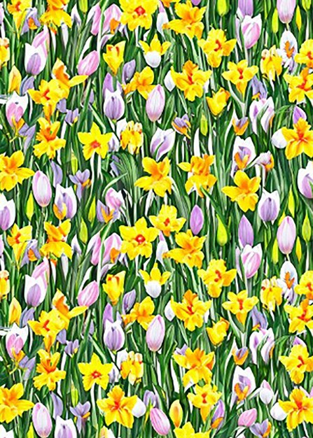 Seamless pattern background inspired by a field of daffodils tulips and crocuses capturing the essence of springtime