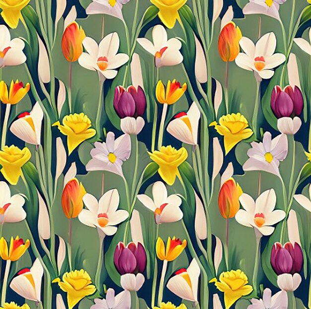 Seamless pattern background inspired by a field of daffodils tulips and crocuses capturing the essence of springtime