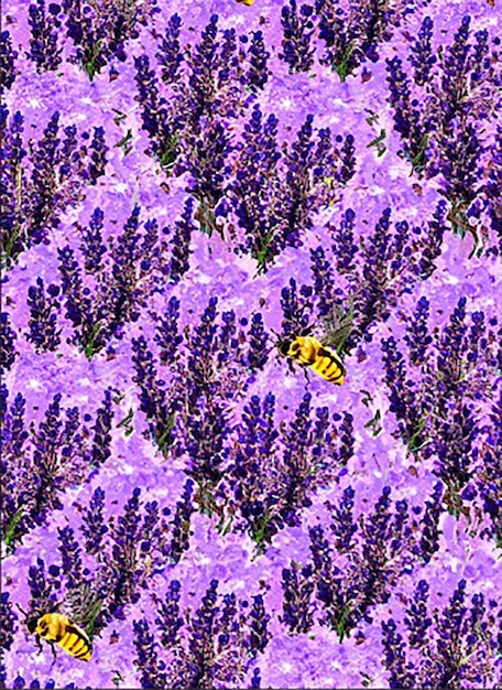 Seamless pattern background inspired by a field of lavender with rows of lavender plants and buzzing bees collecting nectar