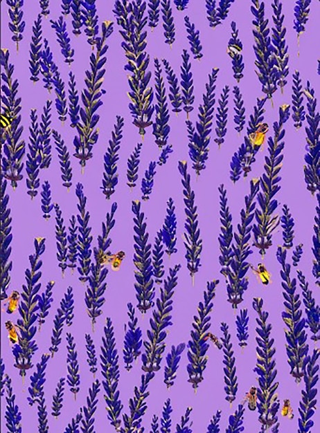 Seamless pattern background inspired by a field of lavender with rows of lavender plants and buzzing bees collecting nectar