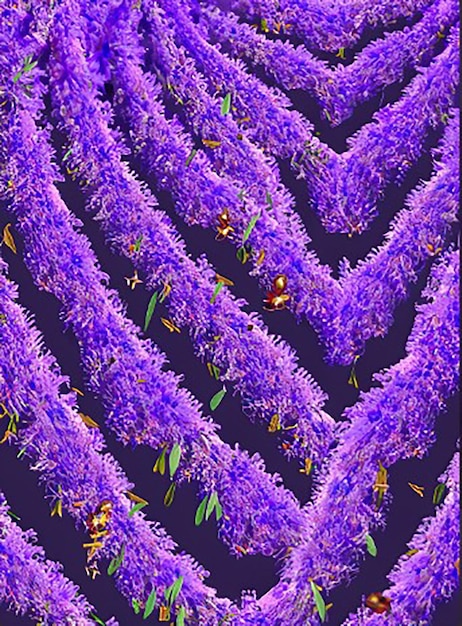 Seamless pattern background inspired by a field of lavender with rows of lavender plants and buzzing bees collecting nectar