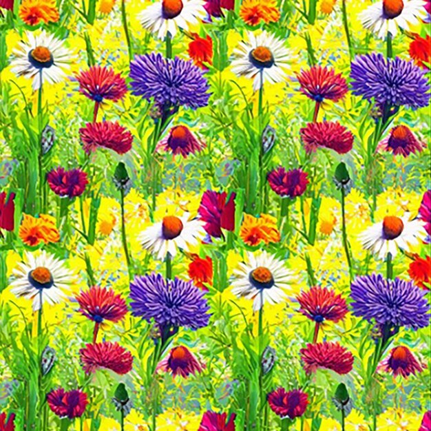 Seamless pattern background inspired by a field of wildflowers with daisies cornflowers and poppies dancing in the breeze creating a natural and carefree ambiance