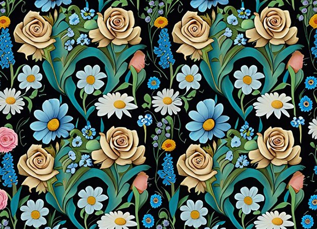 Seamless pattern background inspired by a lush english garden with intricate patterns of roses daisies and forget me nots