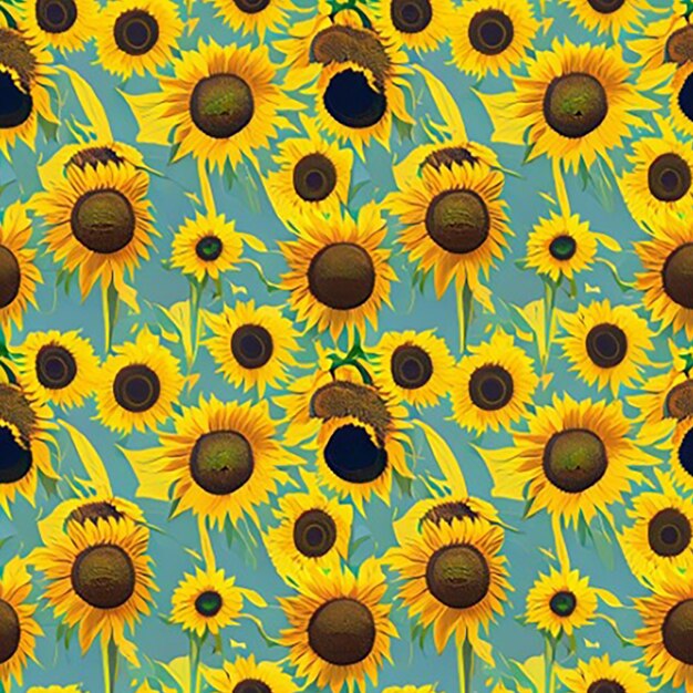 Seamless pattern background inspired by a sunflower field with tall sunflowers stretching towards the sun against a bright blue sky