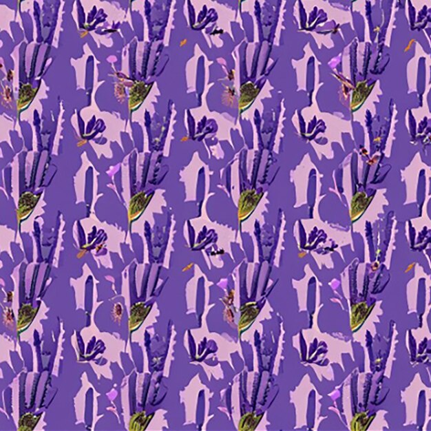 Seamless pattern background inspired by a tranquil field of lavender with rows of lavender plants and buzzing bees creating a serene and calming atmosphere