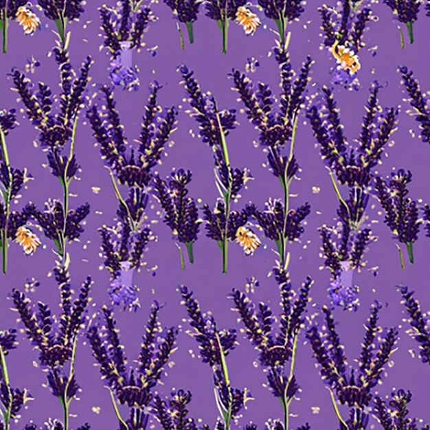 Seamless pattern background inspired by a tranquil field of lavender with rows of lavender plants and buzzing bees creating a serene and calming atmosphere
