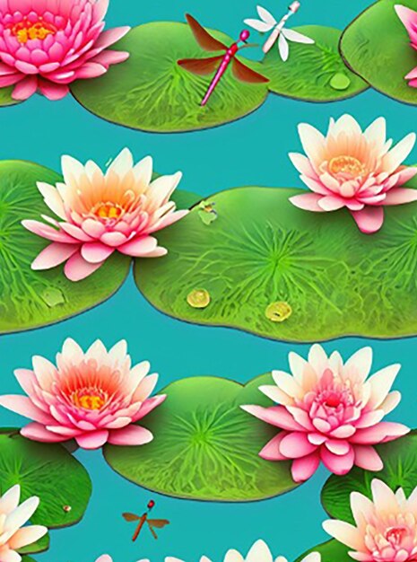 Seamless pattern background inspired by a tranquil garden pond with floating water lilies lotus flowers and dragonflies creating a serene and peaceful atmosphere