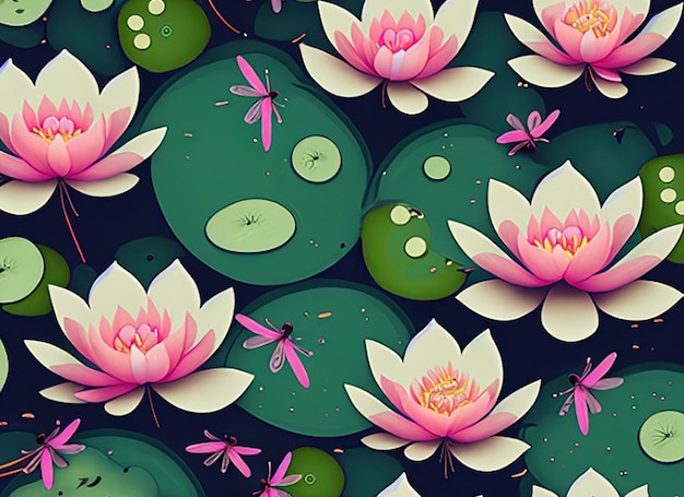 Seamless pattern background inspired by a tranquil garden pond with floating water lilies lotus flowers and dragonflies creating a serene and peaceful atmosphere