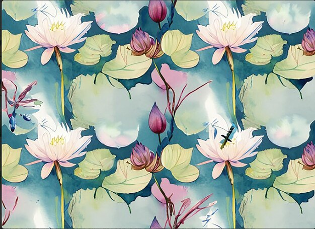 Бесшовный фон, вдохновленный спокойным садовым прудом с плавающими водяными лилиями, цветами лотоса и стрекозами, создающими спокойную и мирную атмосферу