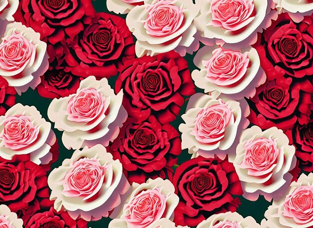 Seamless pattern background showcasing a bouquet of romantic roses in shades of red pink and white arranged in a scattered formation