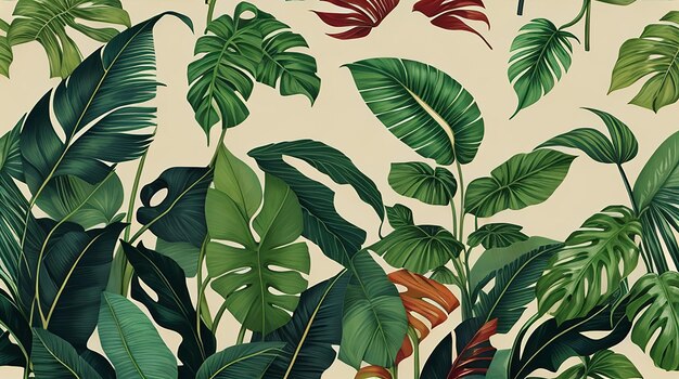 a seamless pattern background showcasing a collection of tropical leaves including palm fronds banana leaves and monstera leaves adding a touch of exoticism and tropical flair