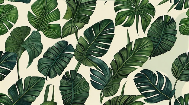 бесперебойный фон, демонстрирующий коллекцию тропических листьев, включая пальмовые листья, банановые листья и листья монстеры, добавляя прикосновение экзотики и тропического стиля