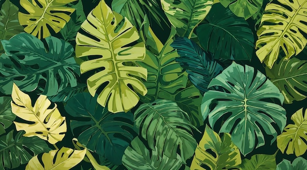 Seamless pattern background showcasing a collection of tropical leaves such as banana leaves palm fronds and monstera leaves in vibrant green hues