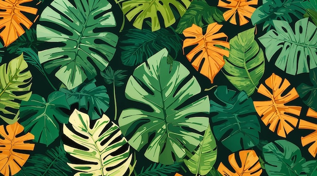 Seamless pattern background showcasing a collection of tropical leaves such as banana leaves palm fronds and monstera leaves in vibrant green hues