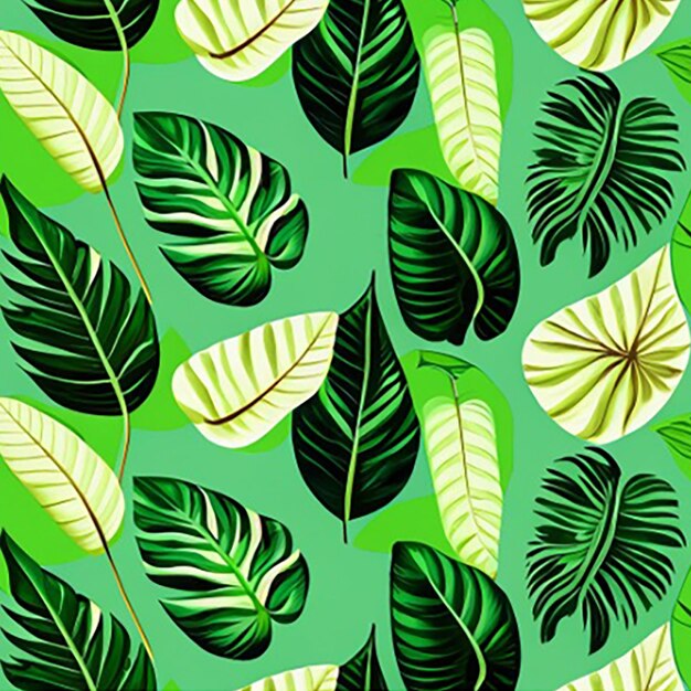 A seamless pattern background showcasing a collection of tropical leaves such as banana leaves palm fronds and monstera leaves in vibrant green hues