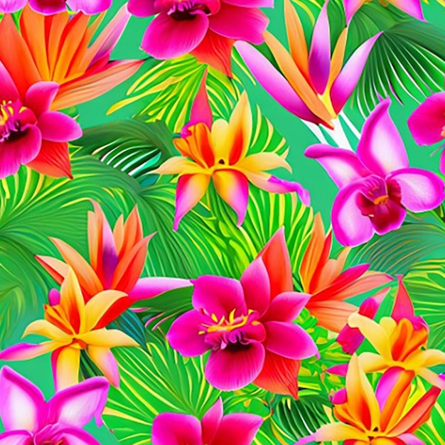 a seamless pattern background showcasing a collection of vibrant and exotic tropical flowers such as orchids bromeliads and heliconias adding a touch of tropical paradise