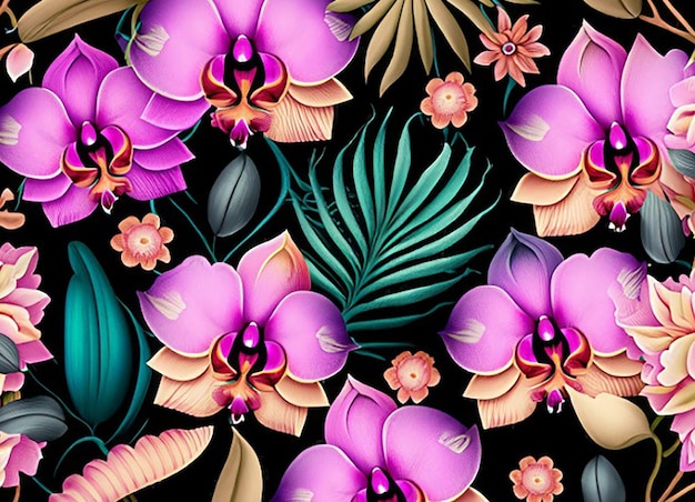 Seamless pattern background showcasing a mix of exotic orchid flowers in various shapes and colors creating an elegant and luxurious atmosphere