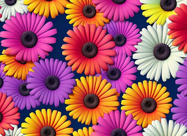 Seamless pattern background showcasing a mix of vibrant gerbera daisies with their bold and cheerful colors arranged in a playful and dynamic pattern